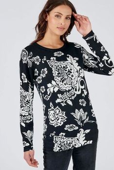 Tweekleurige pull bloemenmotief en stras
