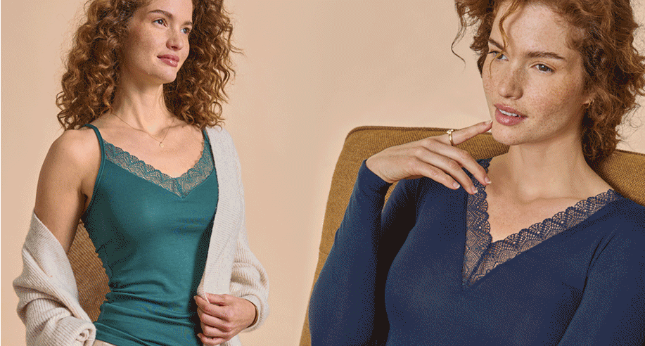 Caraco, t-shirts femme manches longues ou courtes, avec finition dentelle ou biais brillant