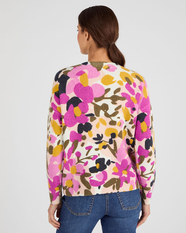 Gilet maille moelleuse côtelée imprimé fleurs