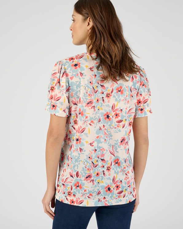 T-shirt in gebloemde crêpe met stretch