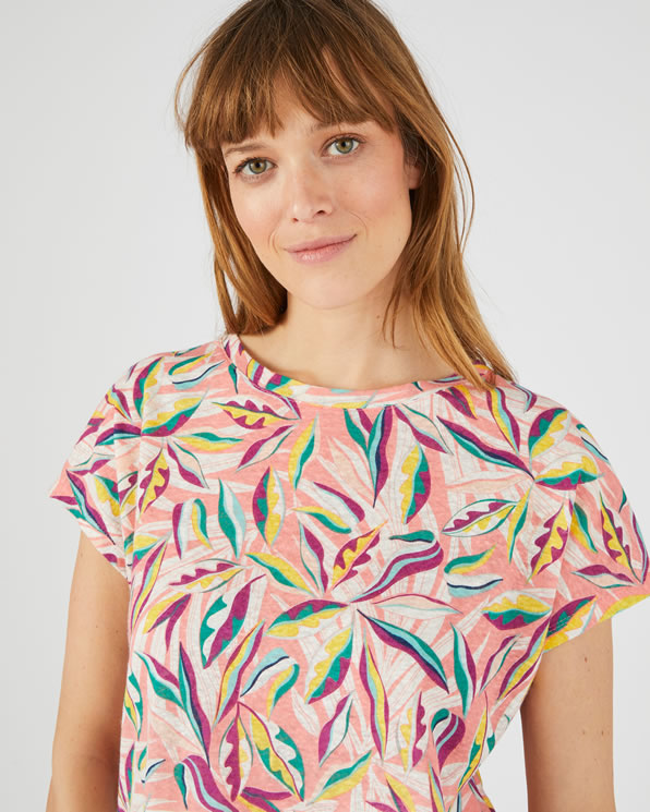 T-shirt in linnenmix met tropische print