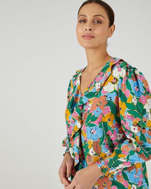 Blouse à volants crépon fluide fleuri