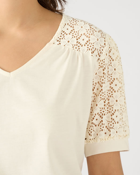 T-shirt coton, modal, manches en macramé