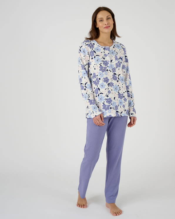 Pyjama maille côtelée, intérieur légèrement gratté