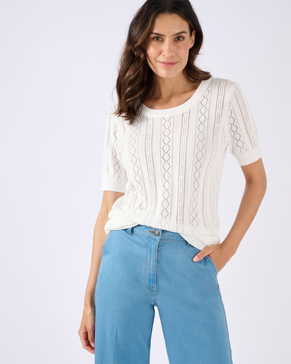 Pull pur coton maille jacquard ajourée