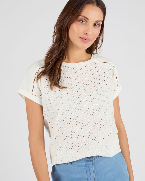 T-shirt bi-matière broderie anglaise