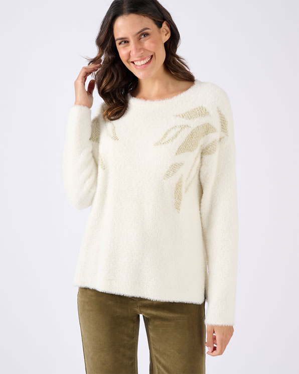 Harig gebreide trui met glanzend botanisch motief