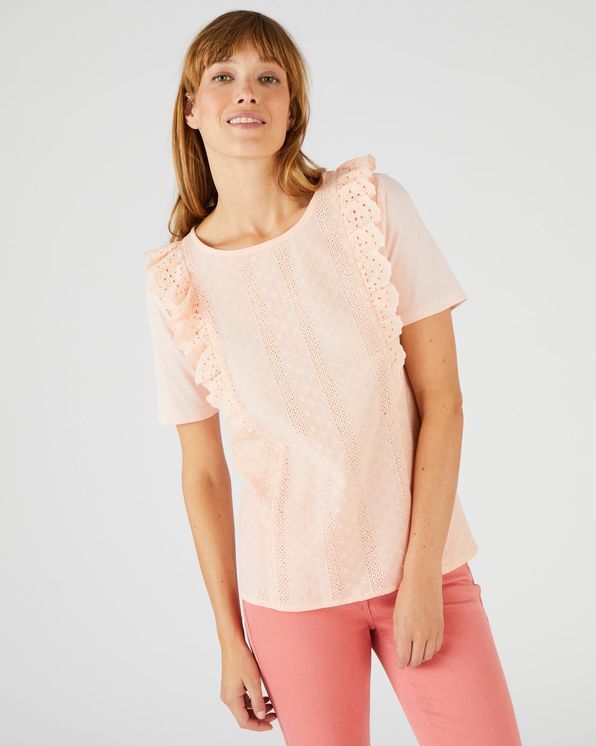 T-shirt in 2 stoffen met broderie anglaise