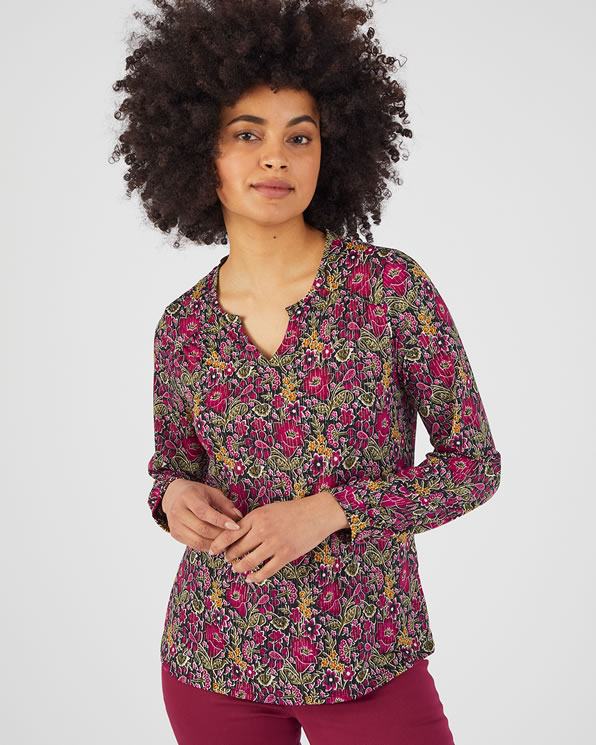 Gebloemd T-shirt in stretch crêpe stof met glanzend garen