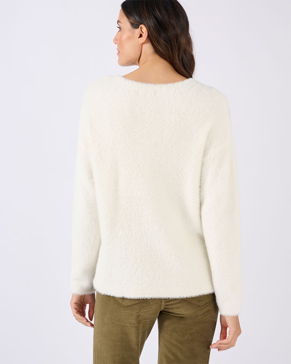 Harig gebreide trui met glanzend botanisch motief