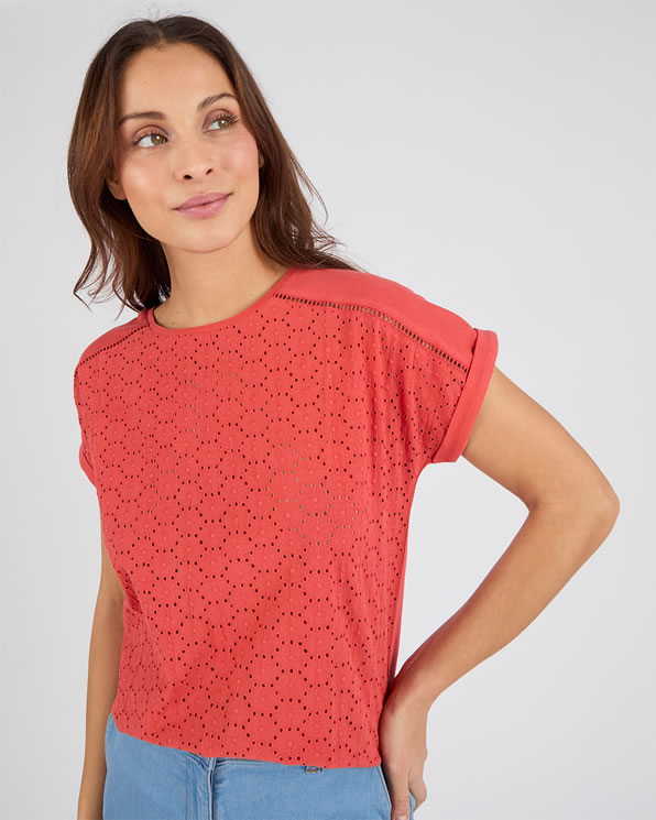 T-shirt bi-matière broderie anglaise