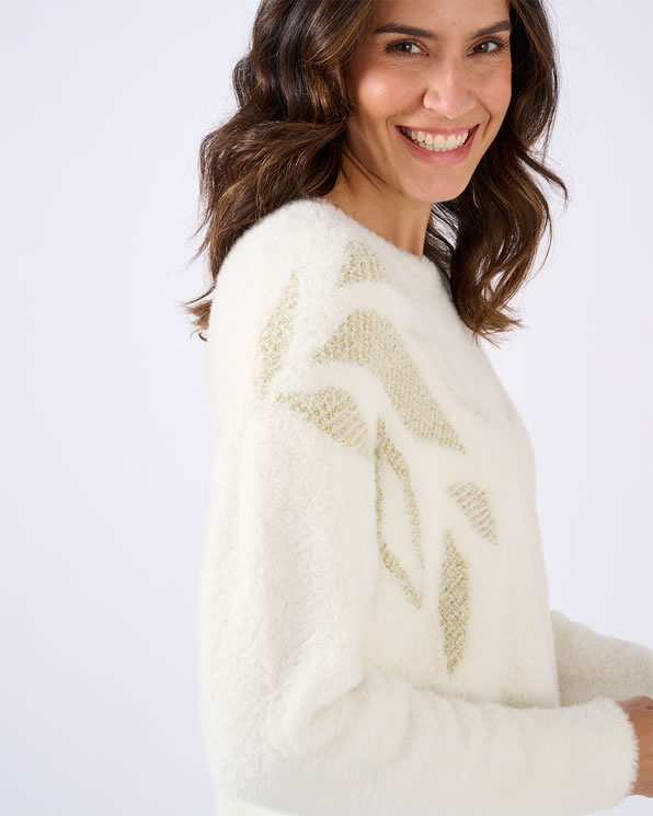 Harig gebreide trui met glanzend botanisch motief