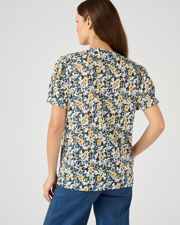 T-shirt in gebloemde crêpe met stretch