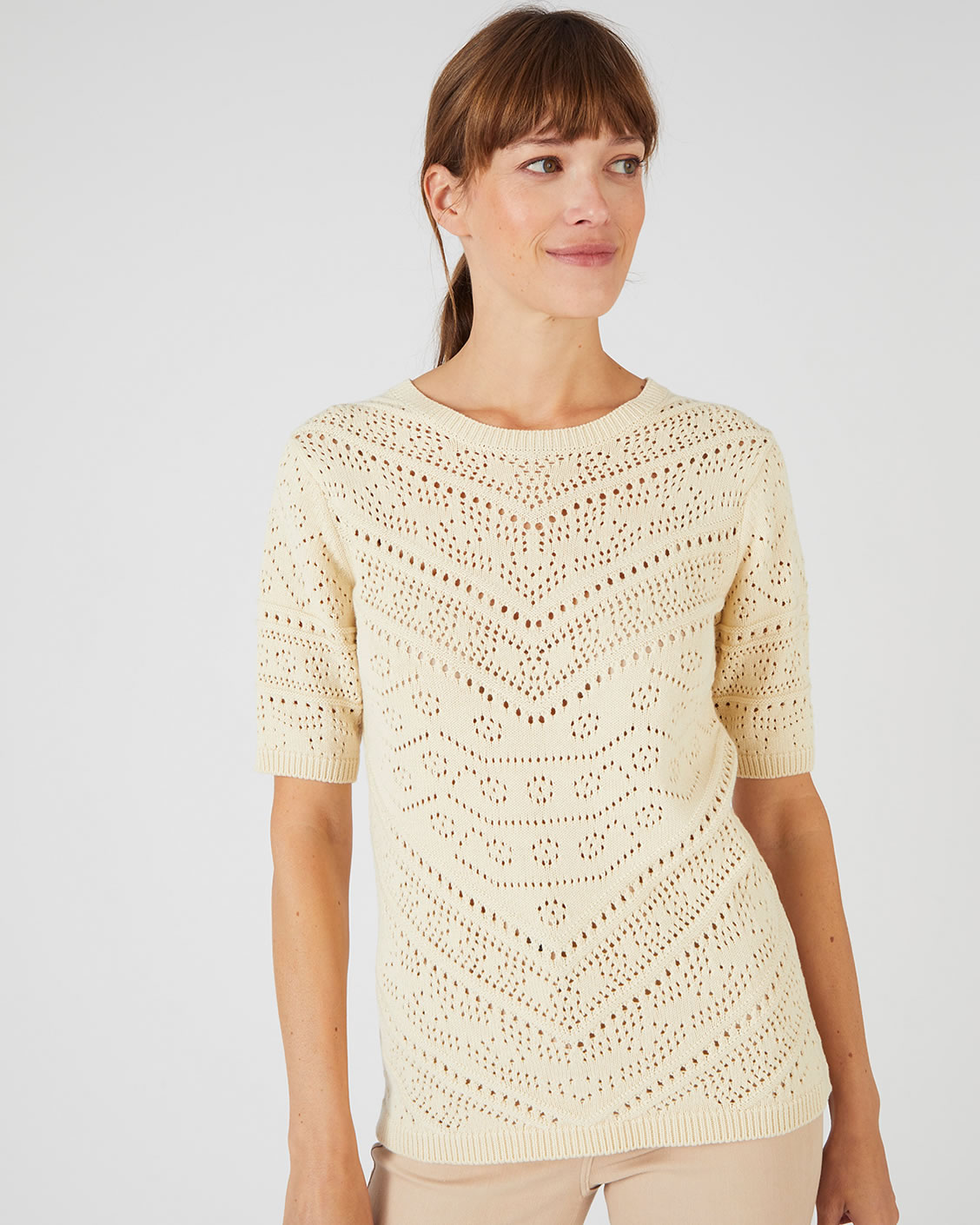 Trui van opengewerkt tricot met elleboogmouwen
