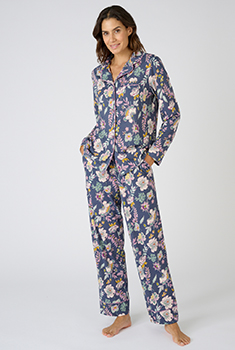 Joyaria Dames nachthemd lange mouwen doorgeknoopt knoopsluiting pyjama slaapshirt/nachtjurk kort, Donkerblauw, XL