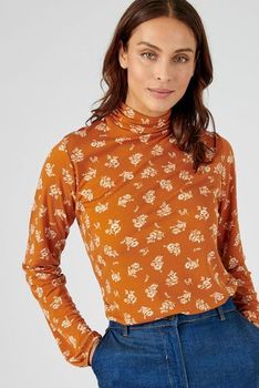 Gebloemd T-shirt in crêpe met opstaande kraag