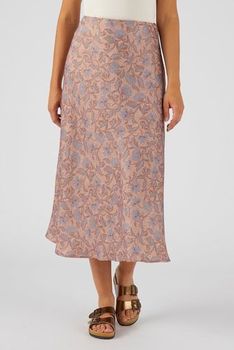 Jupe évasée tissu satiné imprimé feuilles