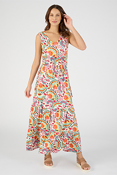 Lange jurk in stretchtricot met tropische print