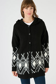 Lange cardigan met kap, harig jacquardtricot, Thermolactyl