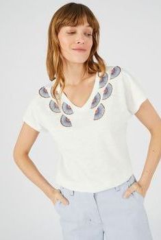 T-shirt in gevlamd tricot, zuiver katoen met fantasie
