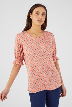 T-shirt in katoen/modal met gesmokte mouwen
