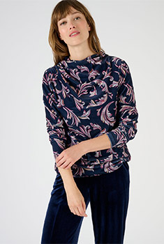 T-shirt col montant drapé en velours imprimé