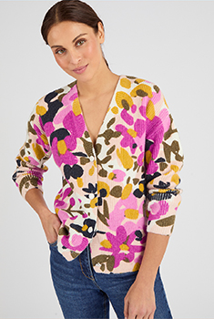 Gilet maille moelleuse côtelée imprimé fleurs