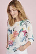 Pull maille ruban imprimé tropical