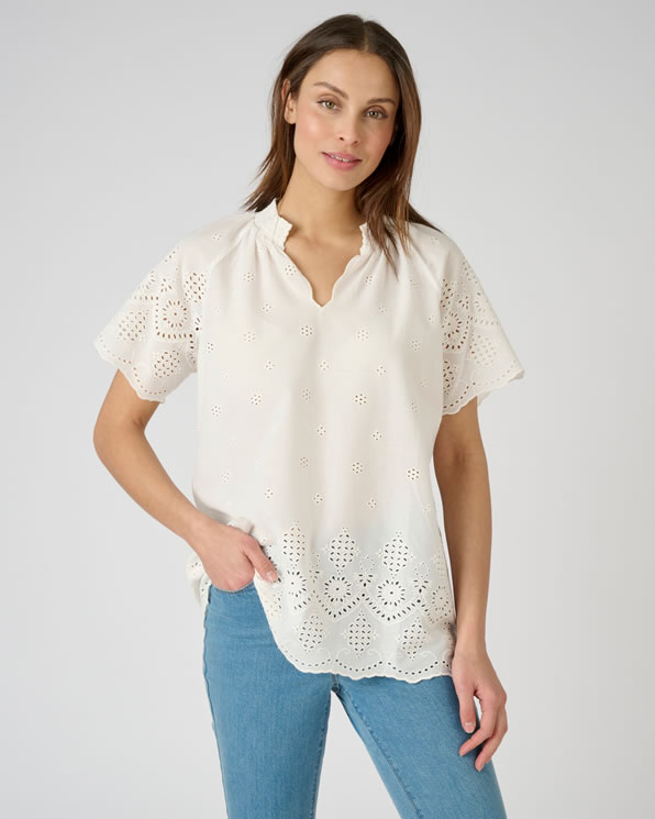 Blouse in katoenvoile met broderie anglaise