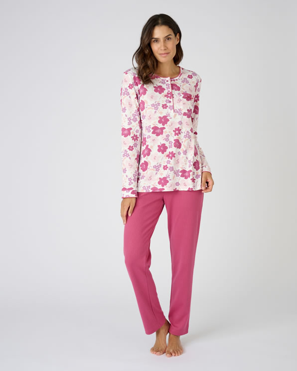 Pyjama maille côtelée, intérieur légèrement gratté