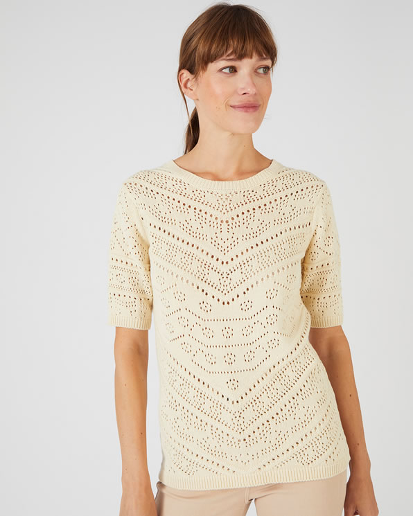 Trui van opengewerkt tricot met elleboogmouwen