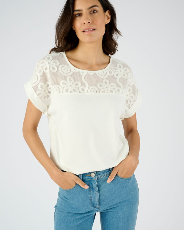 T-shirt met T-mouwen van twee materialen
