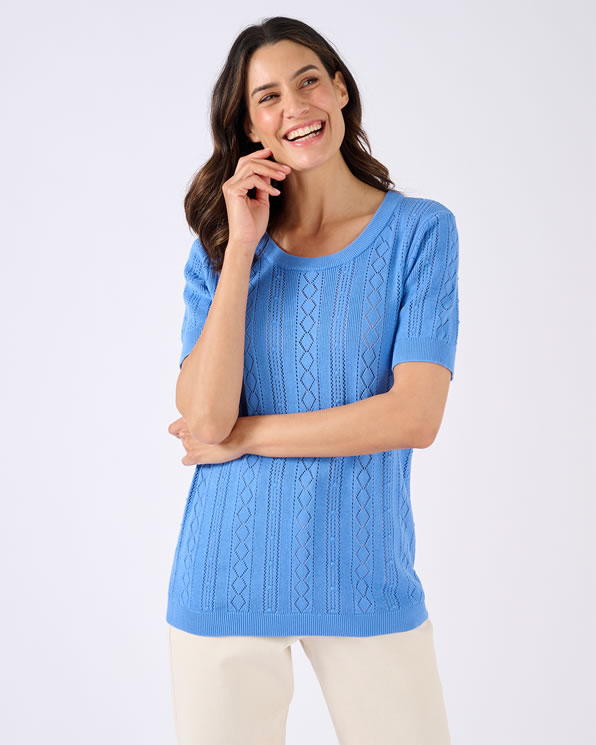 Pull pur coton maille jacquard ajourée