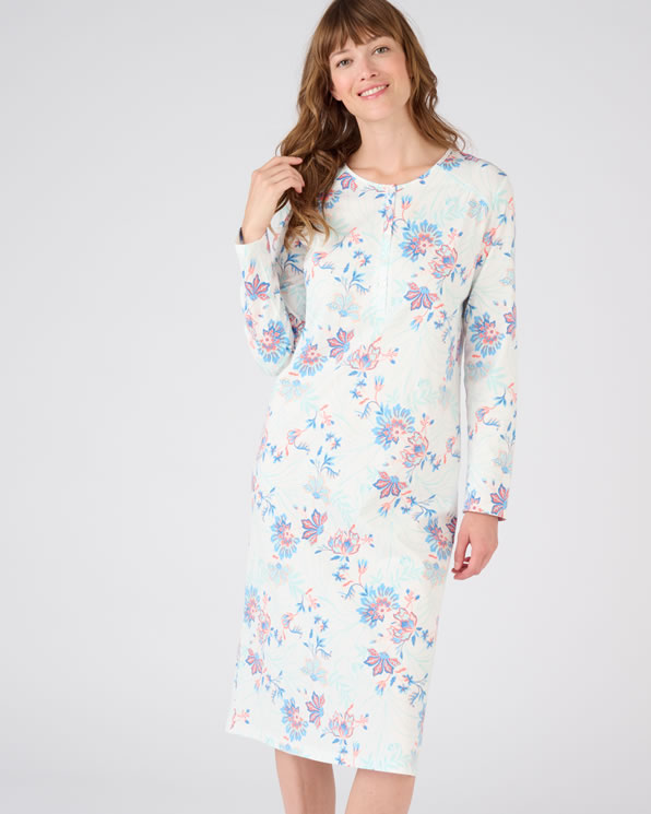 Chemise de nuit maille jersey pur coton peigné imprimé fleurs