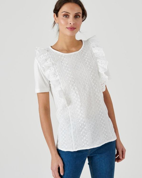 T-shirt in 2 stoffen met broderie anglaise