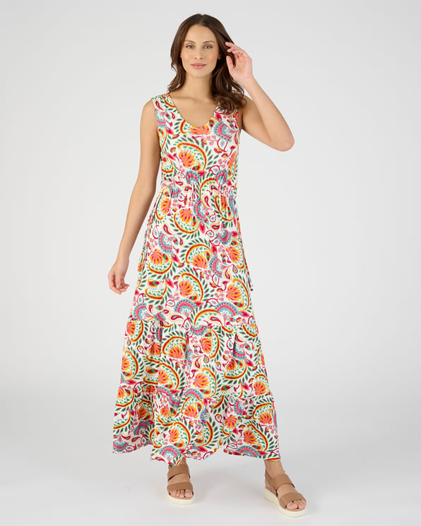 Lange jurk in stretchtricot met tropische print Jurken Damart Belgie