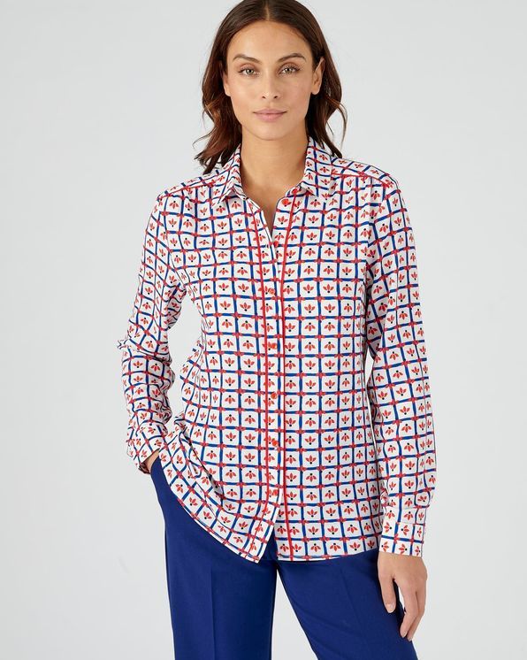 Blouse in crêpe met stretch en reliëf, ruitjesmotief met bloemen