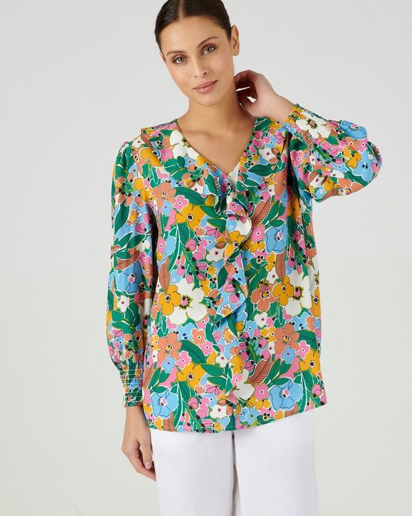 Blouse à volants crépon fluide fleuri