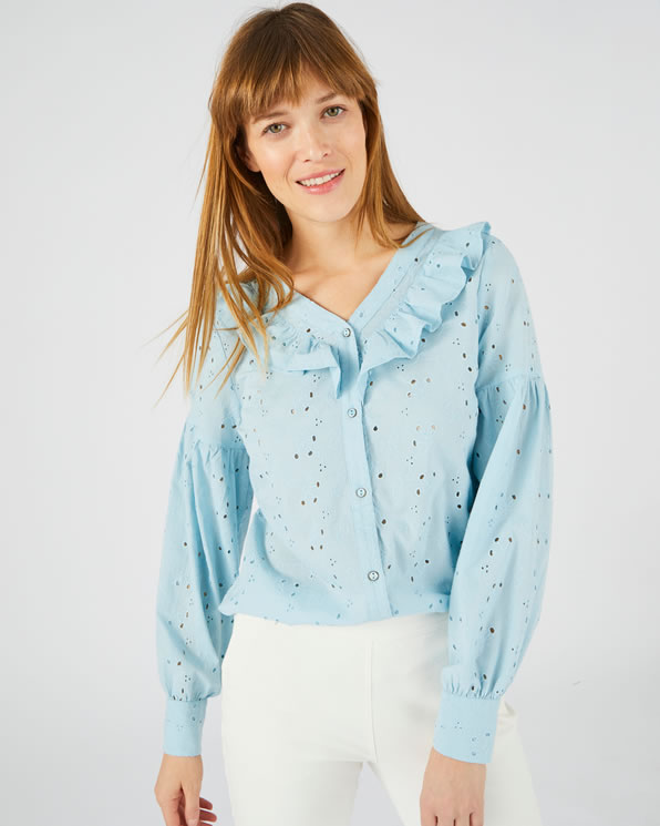 Blouse in zuiver katoen met volants en broderie anglaise