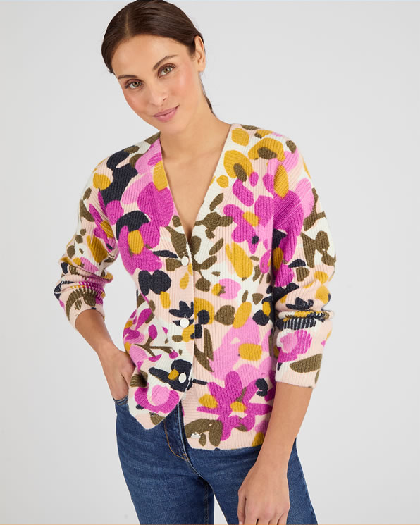 Gilet maille moelleuse côtelée imprimé fleurs